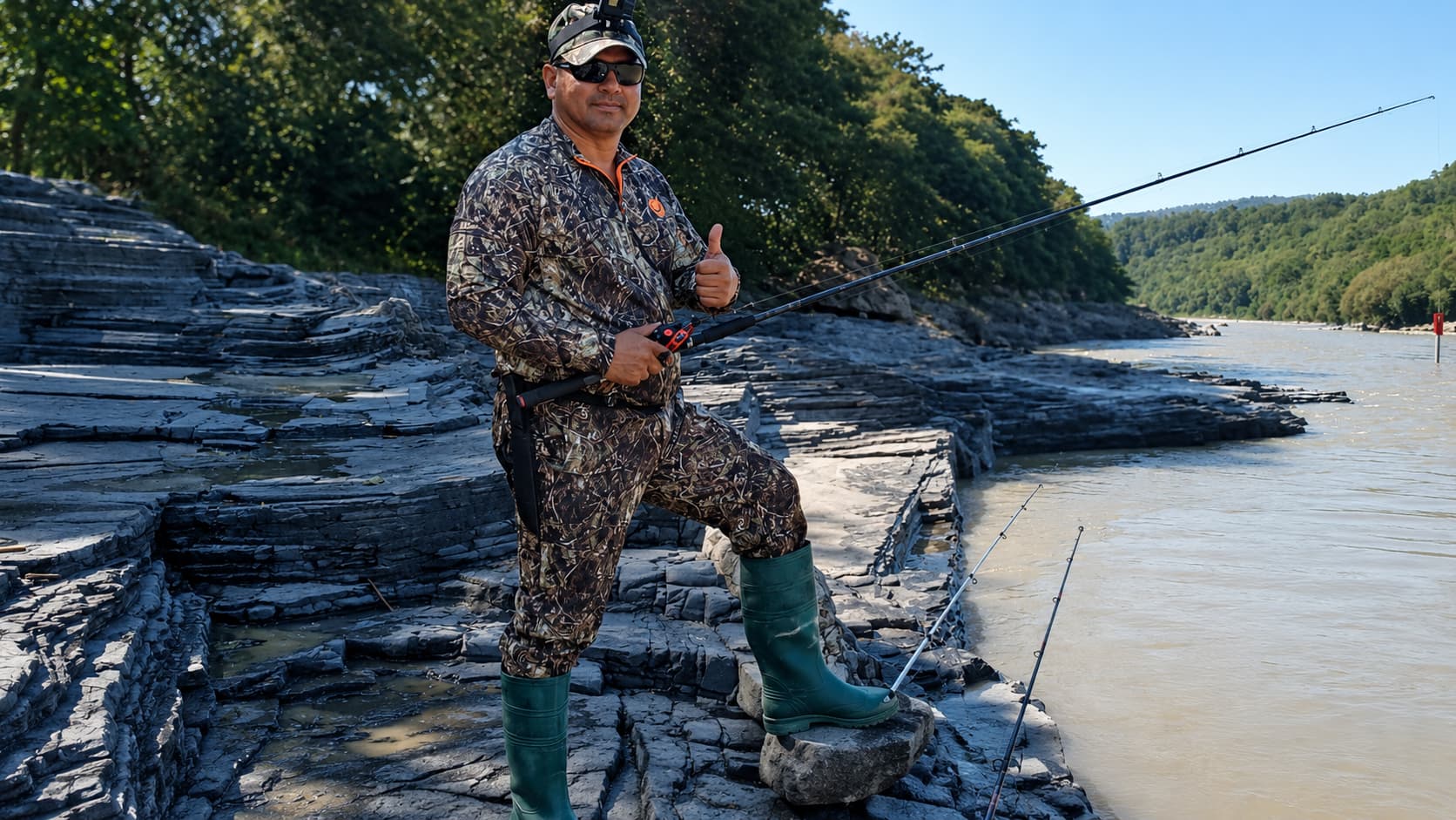 Pescador con equipo de pesca en una zona rocosa junto al río
