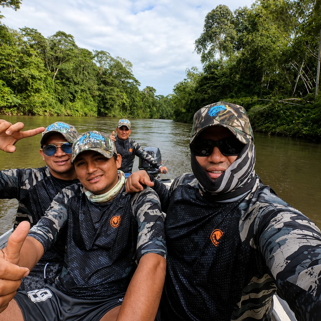 Integrantes de Pesca Con Fe durante una salida de pesca en río amazónico