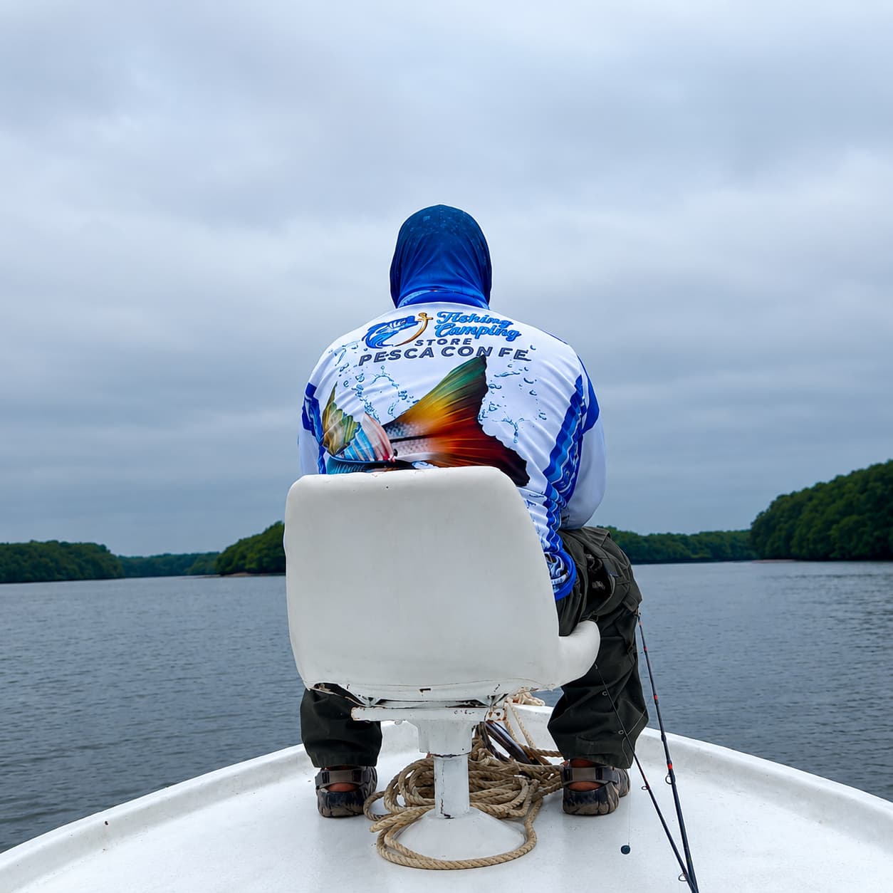 Pescador con jersey de Pesca Con Fe mirando hacia el agua